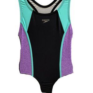 Girls Speedo Black Lavender Aqua Panel One Piece S